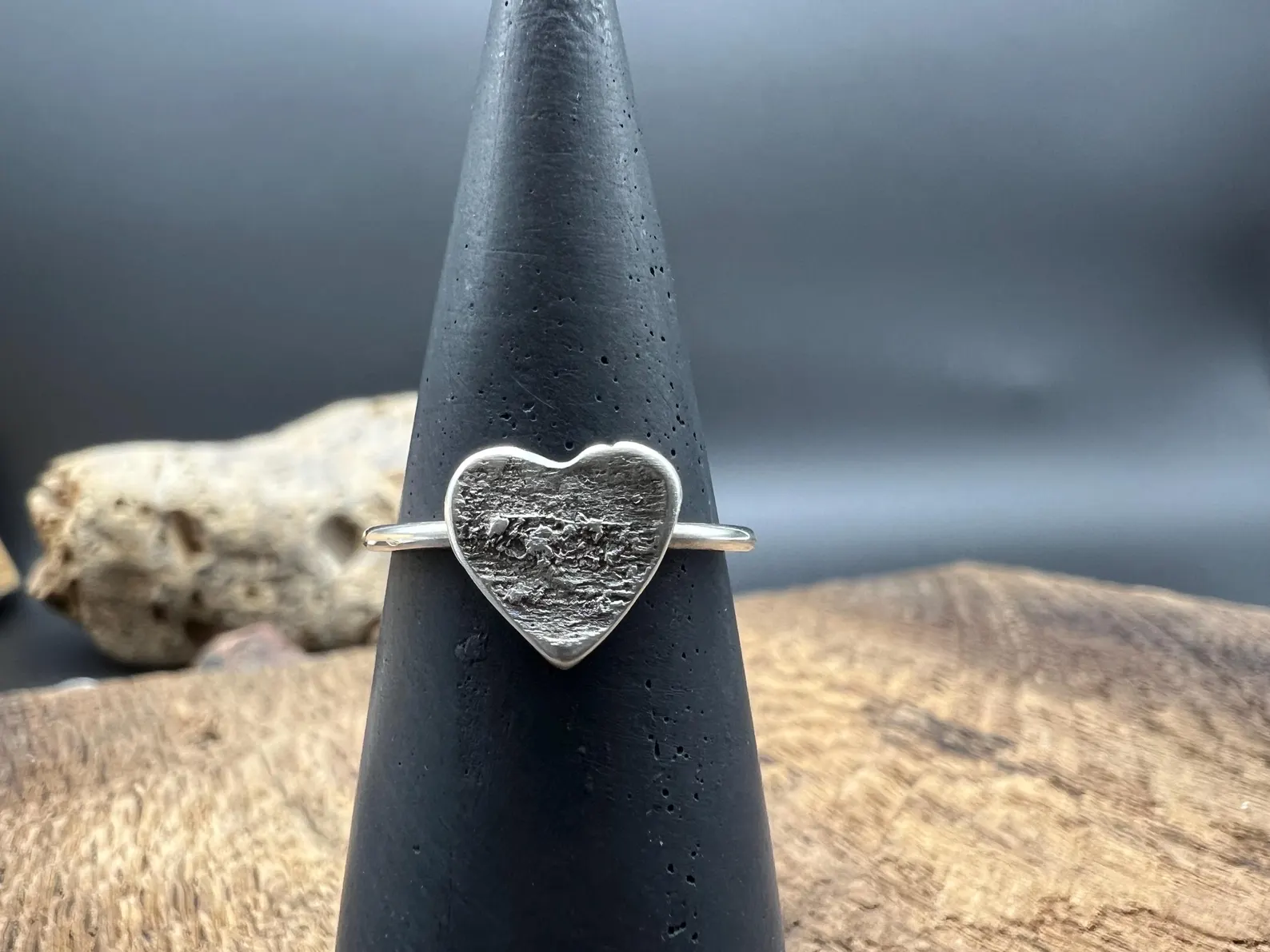 Birch Bark Silver Heart Ring - Size 7