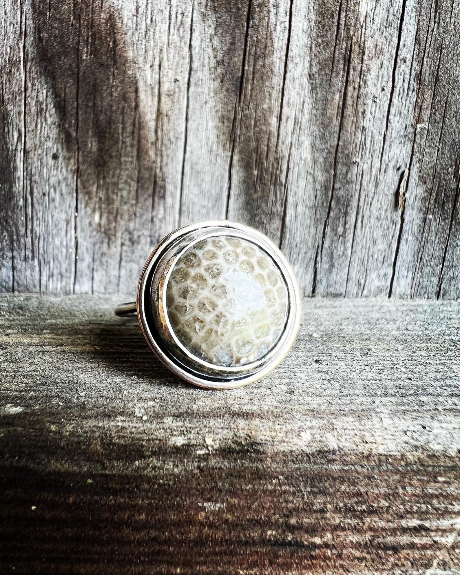 Charlevoix Stone Silver & Gold Handmade Ring - Size 6.25