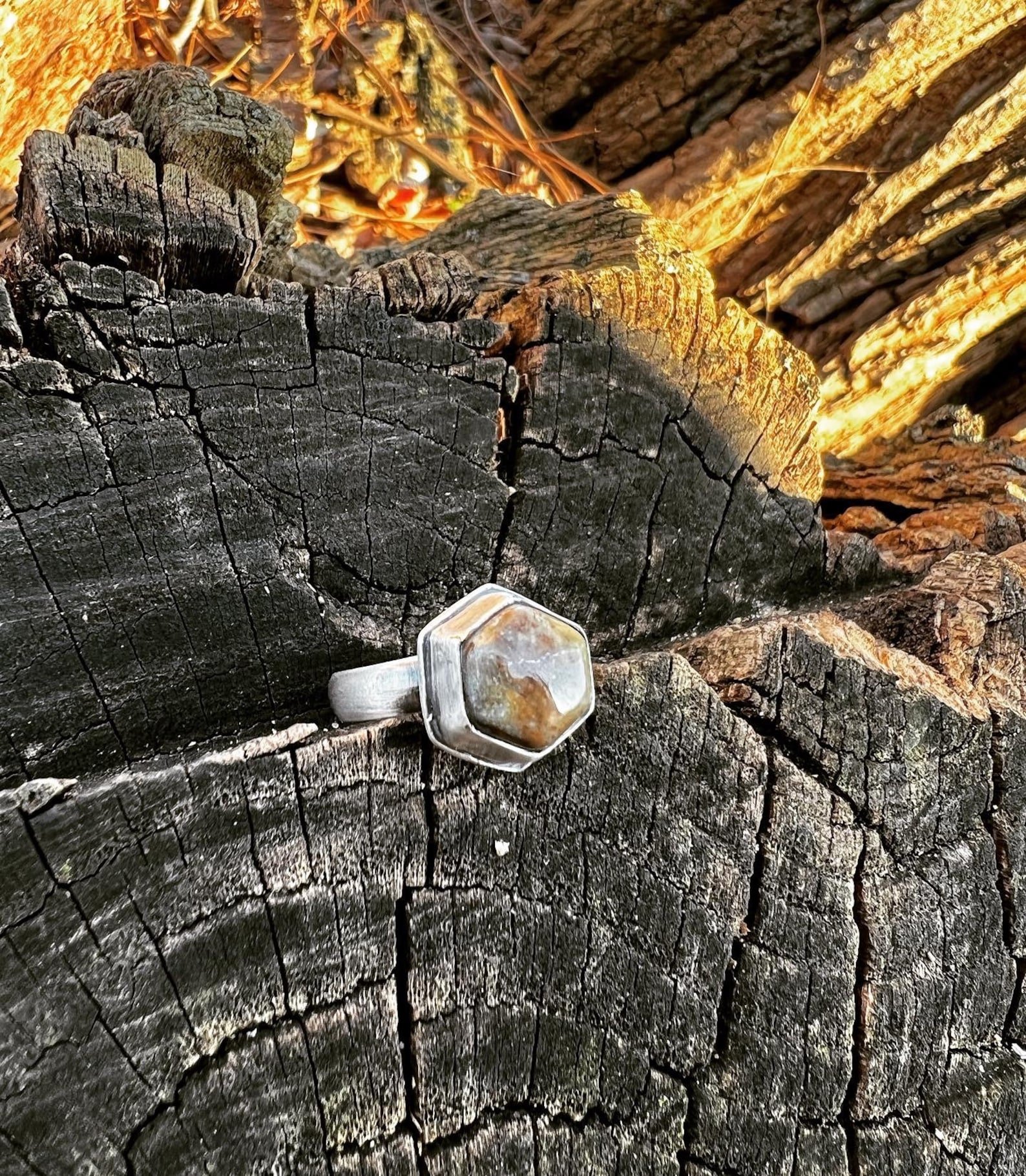 Hexagon Chrysocolla Stone Ring - Size 8