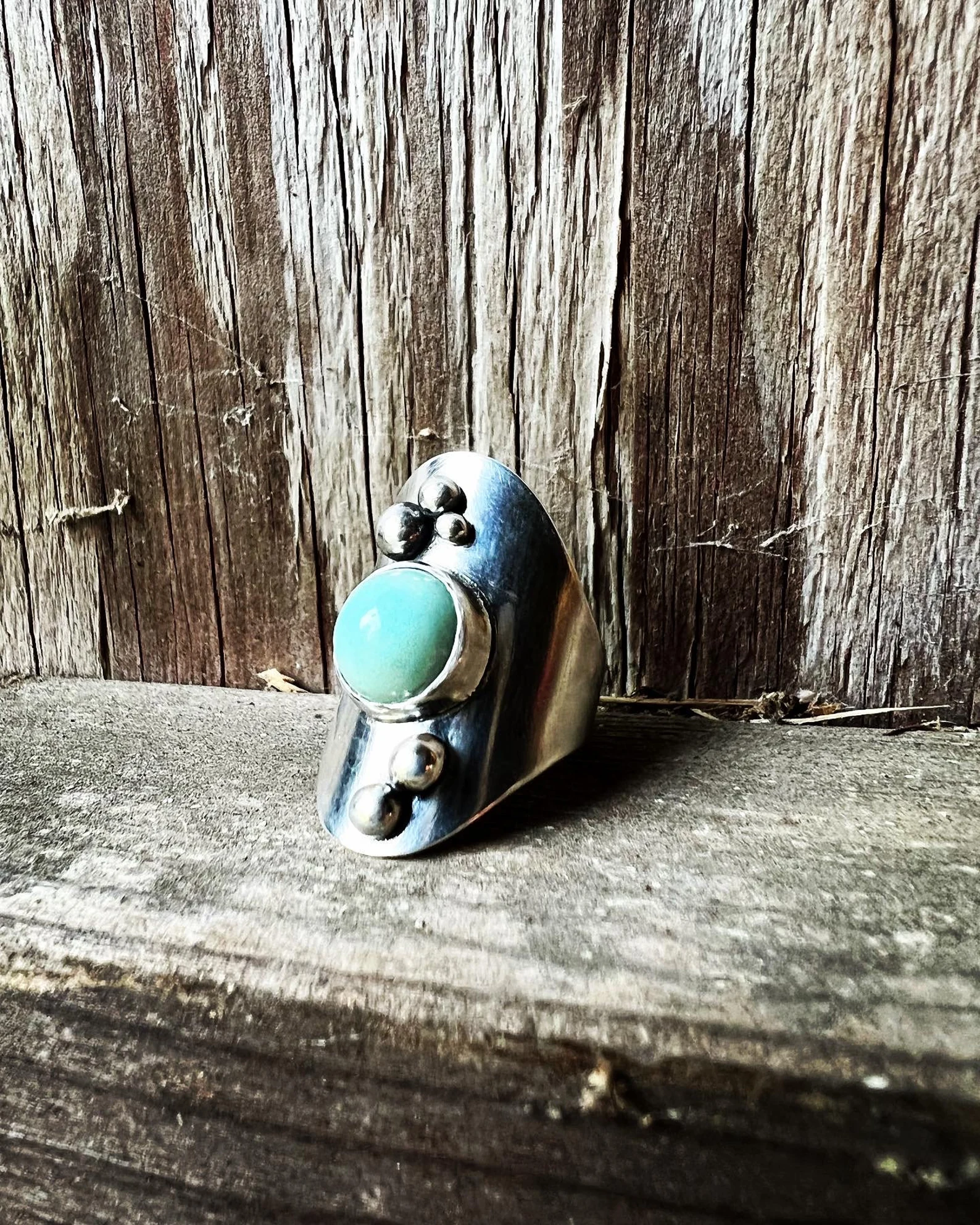 Turquoise Silver Saddle Handmade Ring - Size 4.25