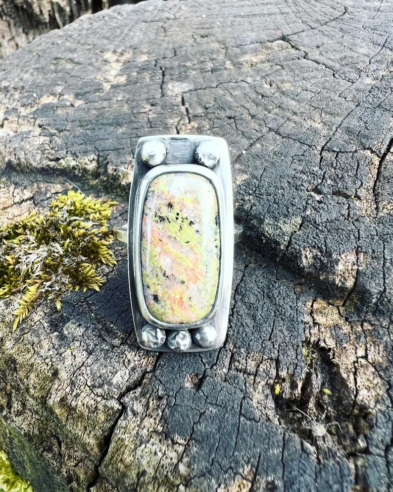 Unakite Rectangle Handmade Ring - Size 8.25