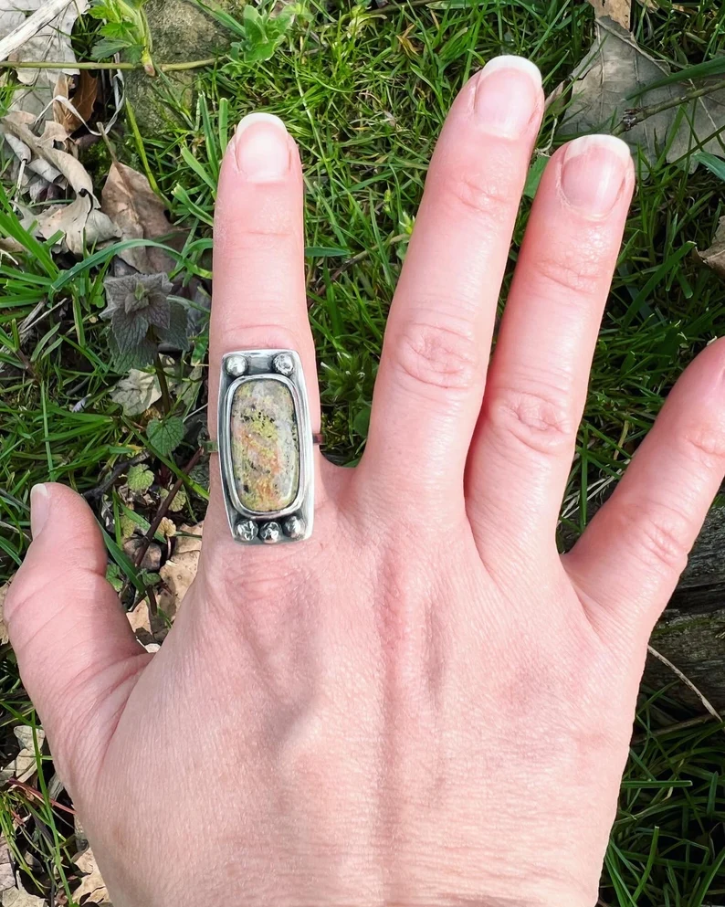 Unakite Rectangle Handmade Ring - Size 8.25