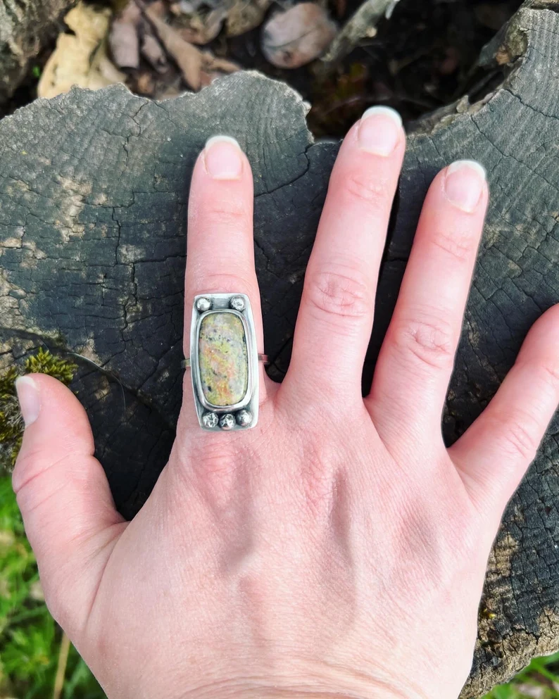 Unakite Rectangle Handmade Ring - Size 8.25