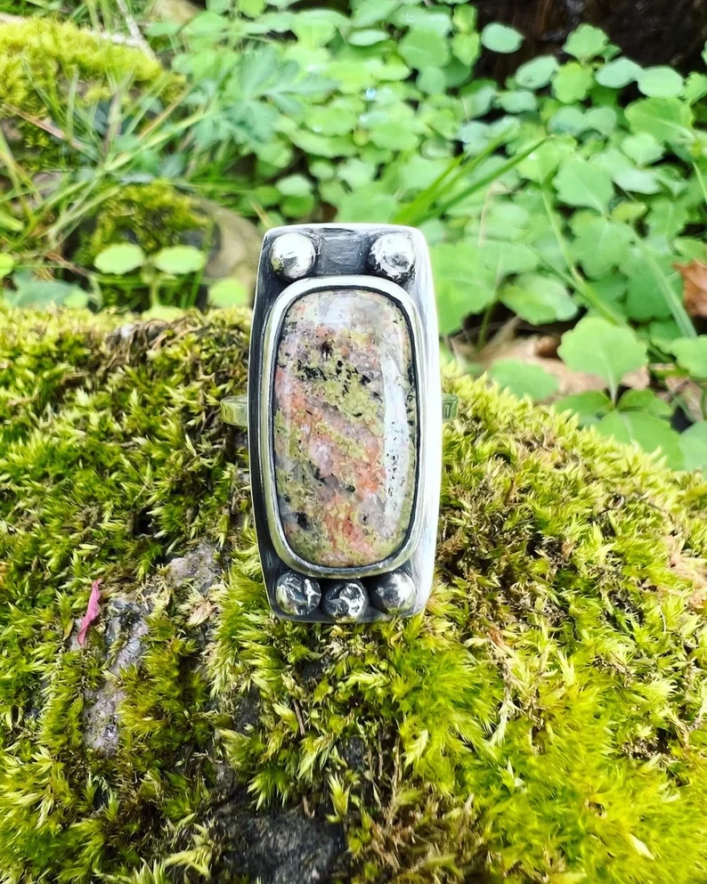 Unakite Rectangle Handmade Ring - Size 8.25