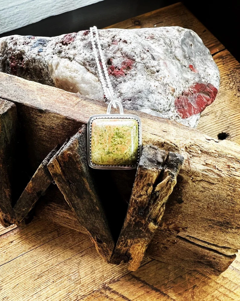 Unakite Stone Square Pendant Handmade Necklace