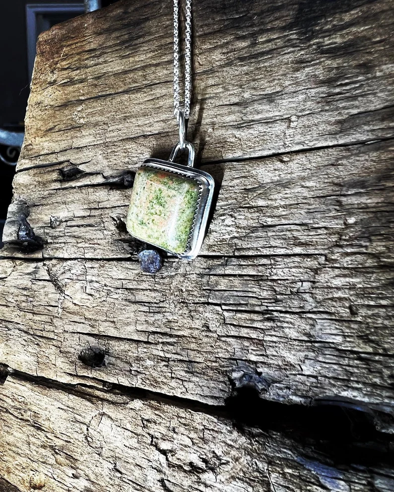 Unakite Stone Square Pendant Handmade Necklace