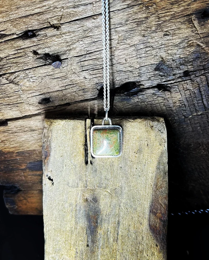 Unakite Stone Square Pendant Handmade Necklace
