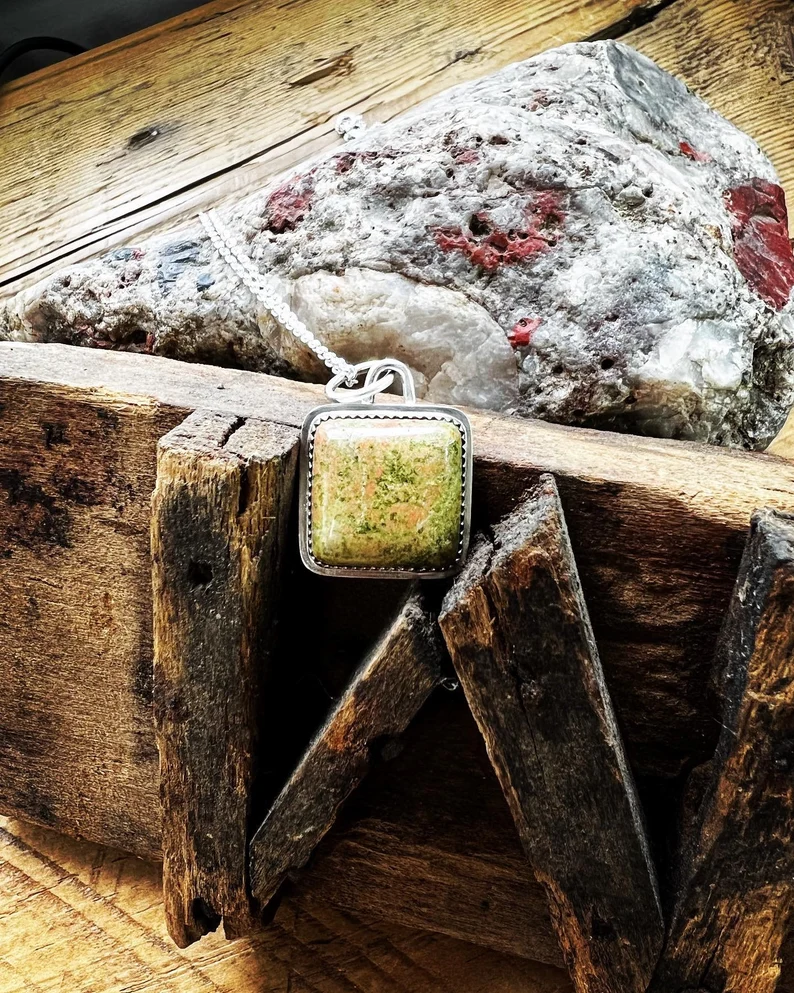 Unakite Stone Square Pendant Handmade Necklace