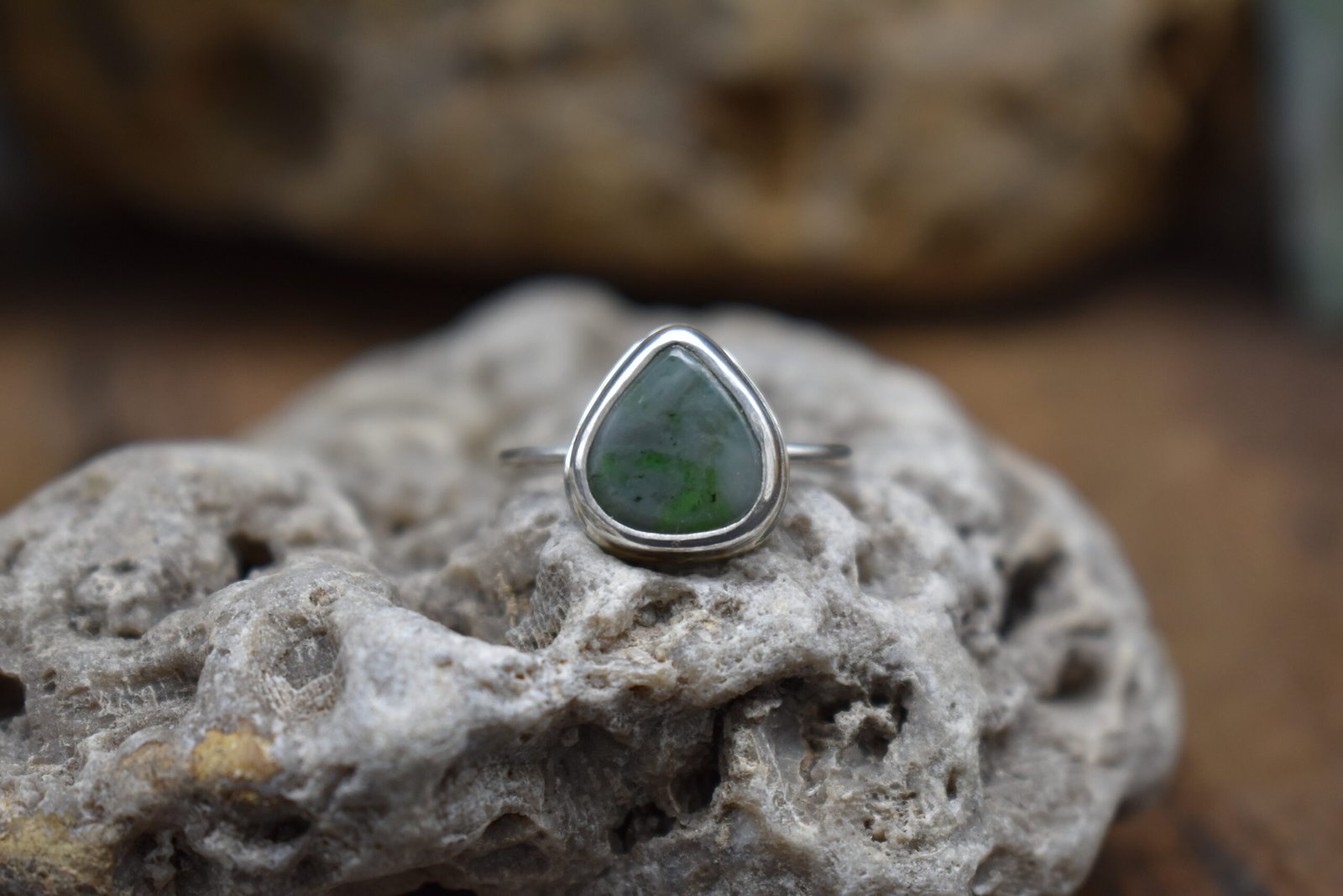 Alaska Stillness Jade Teardrop Ring – Handcrafted Silver, Size 6