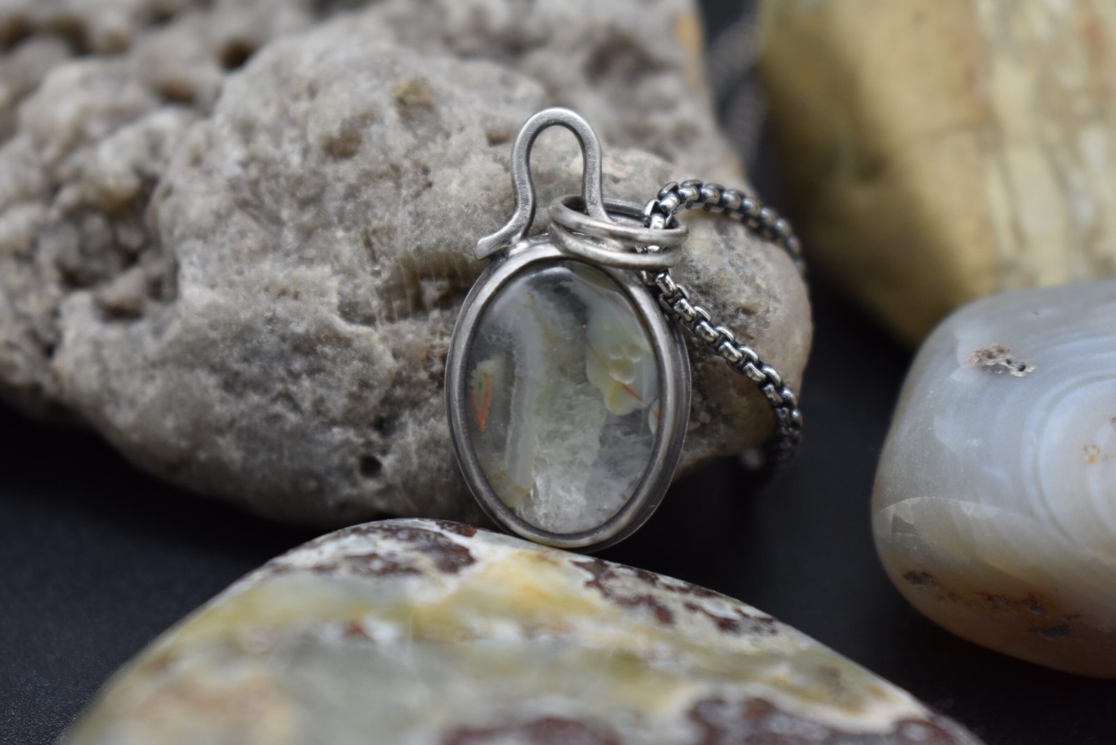 Green and quartz Lake Superior agate necklace on an 18 inch sterling silver chain oval shaped pendant
