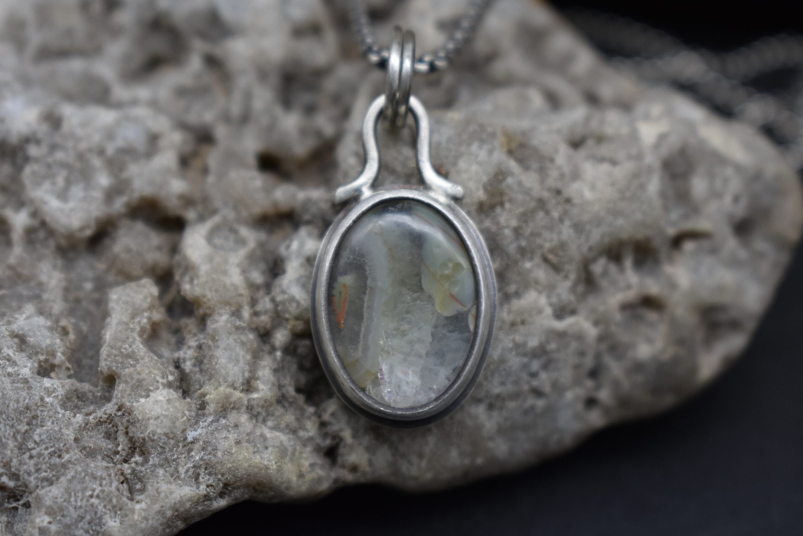 Green and quartz Lake Superior agate necklace on an 18 inch sterling silver chain oval shaped pendant