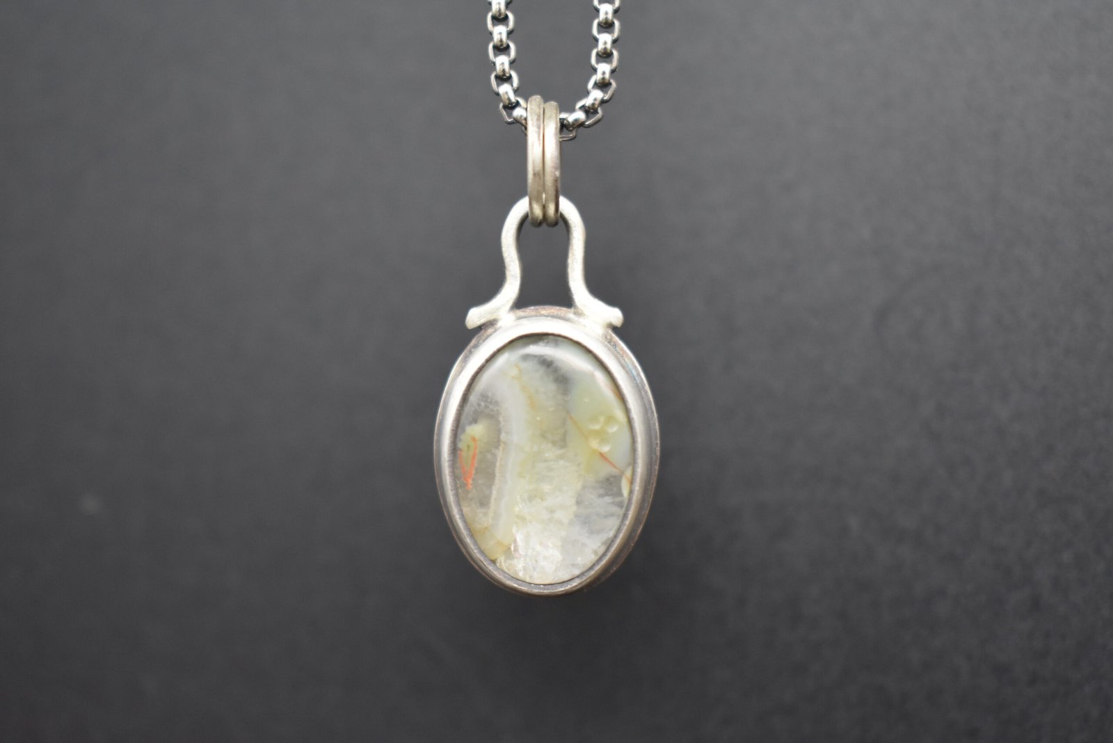 Green and quartz Lake Superior agate necklace on an 18 inch sterling silver chain oval shaped pendant