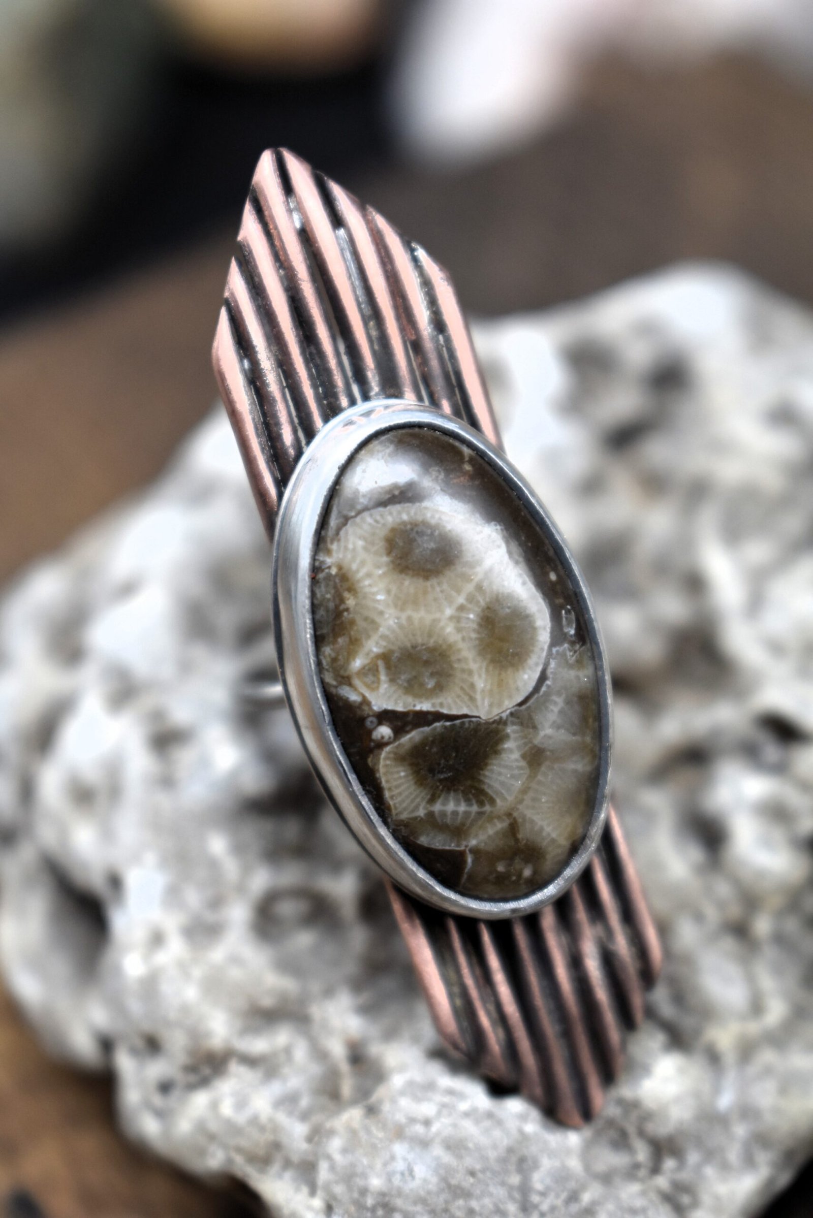 Oval Petoskey Stone Statement Ring Size 7.5 set in Sterling Silver and Copper