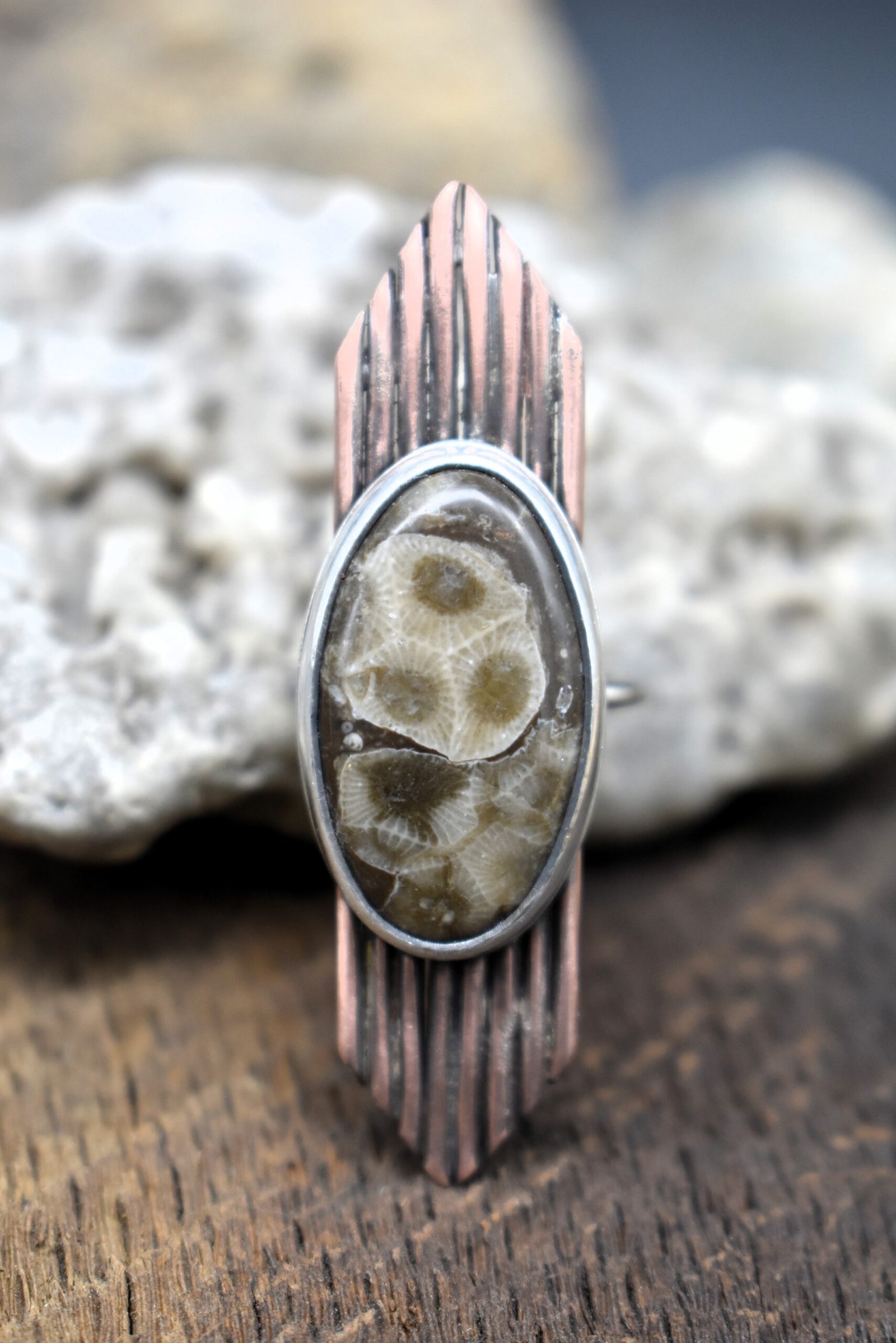 Oval Petoskey Stone Statement Ring Size 7.5 set in Sterling Silver and Copper