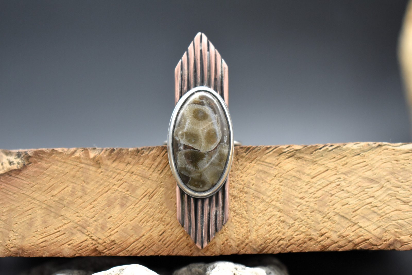 Oval Petoskey Stone Statement Ring Size 7.5 set in Sterling Silver and Copper
