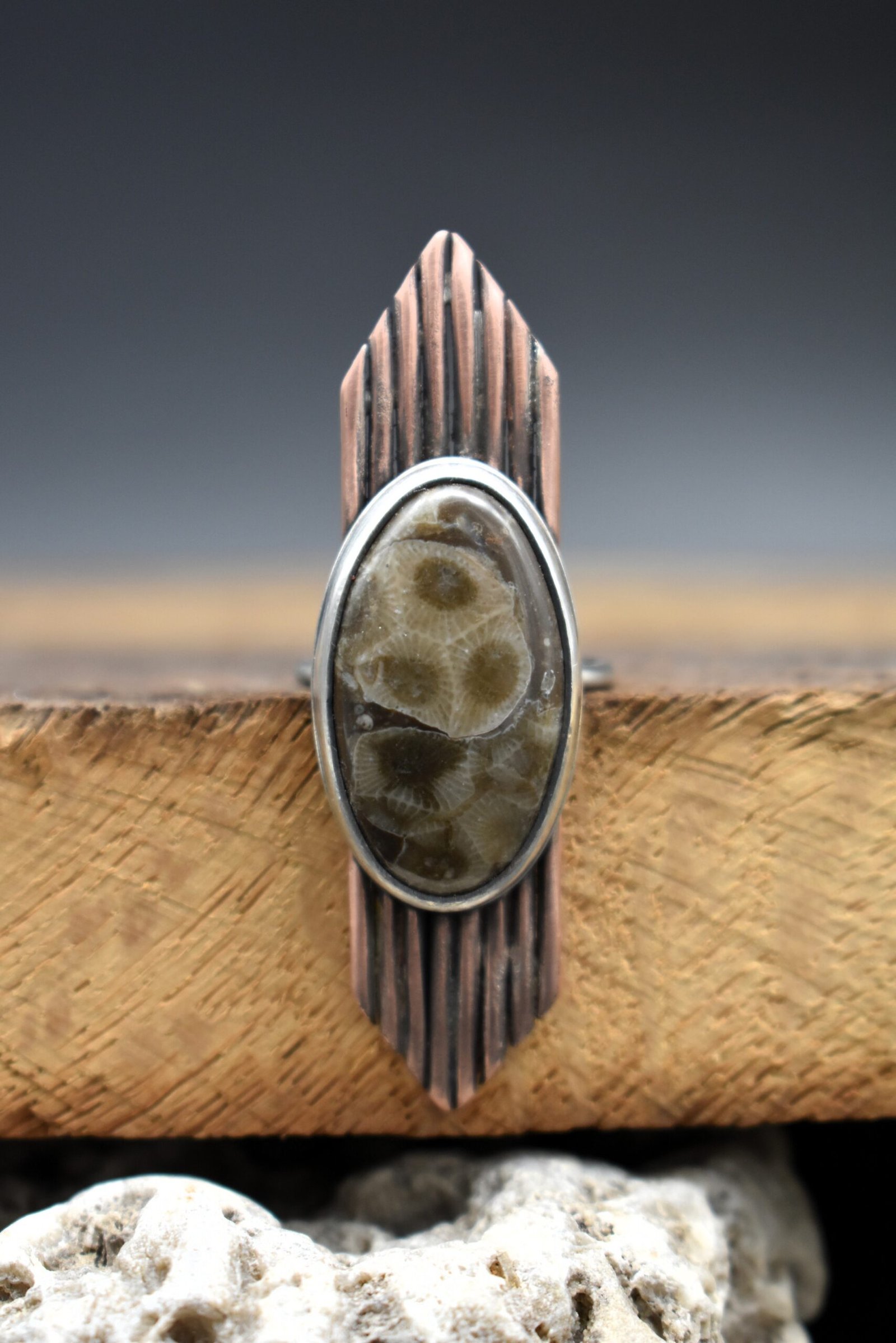 Oval Petoskey Stone Statement Ring Size 7.5 set in Sterling Silver and Copper