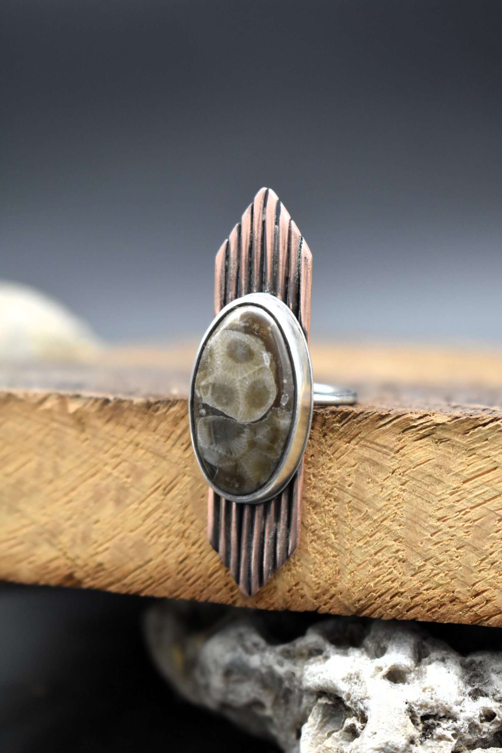 Oval Petoskey Stone Statement Ring Size 7.5 set in Sterling Silver and Copper