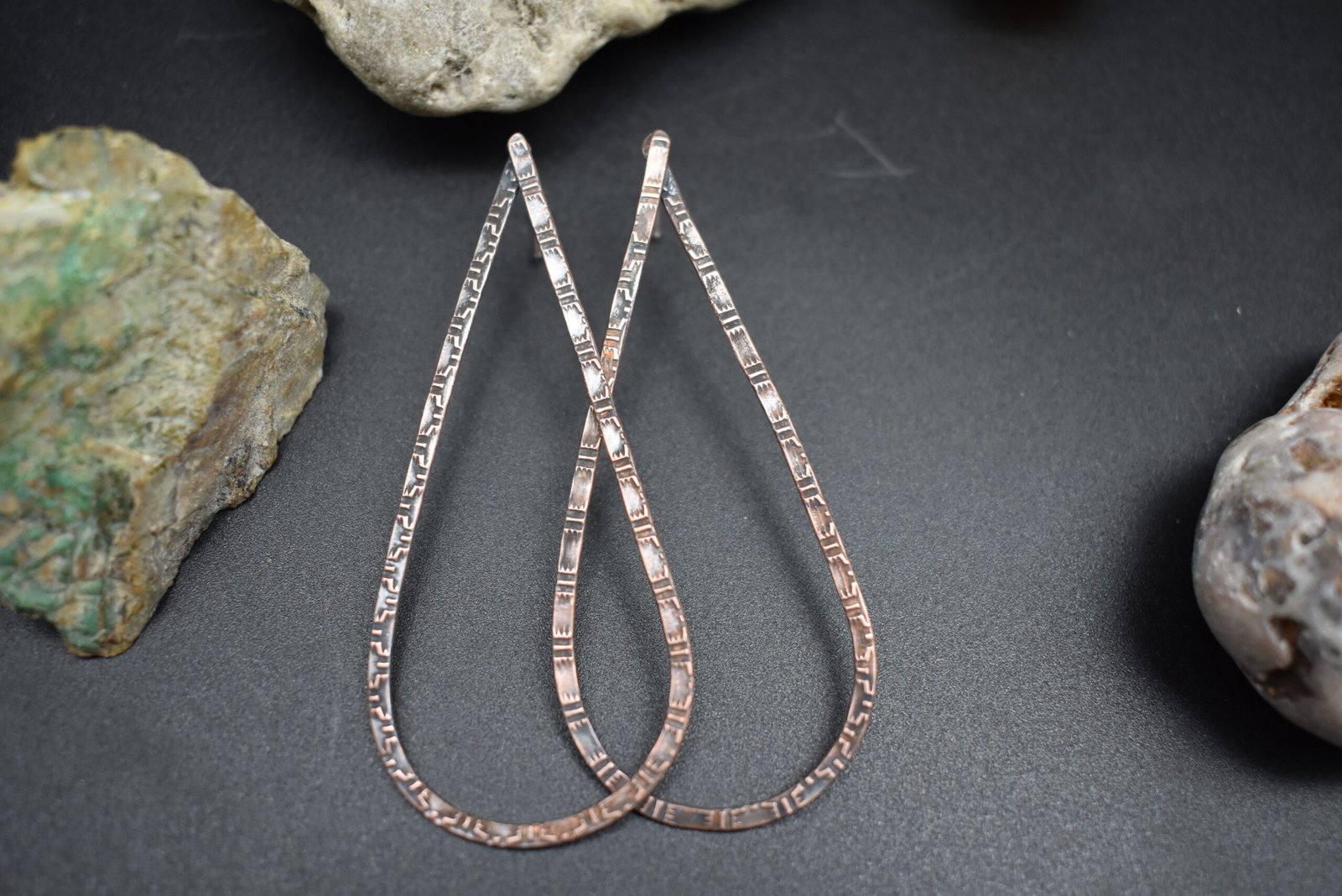 Copper Teardrop Stamped Handmade Earrings Lightweight