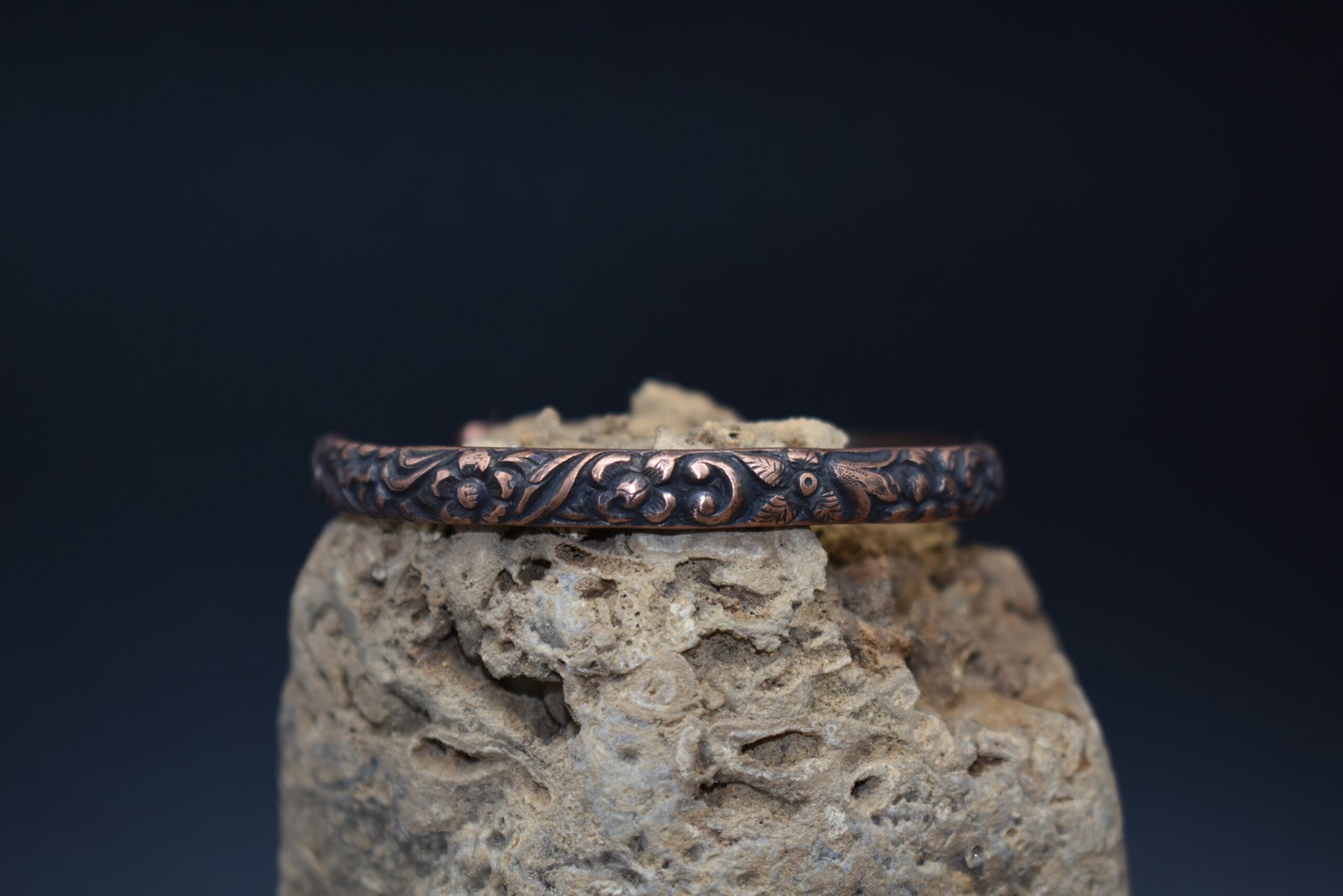 Handmade Copper Cuff Bracelet with a floral pattern and rustic patina finish