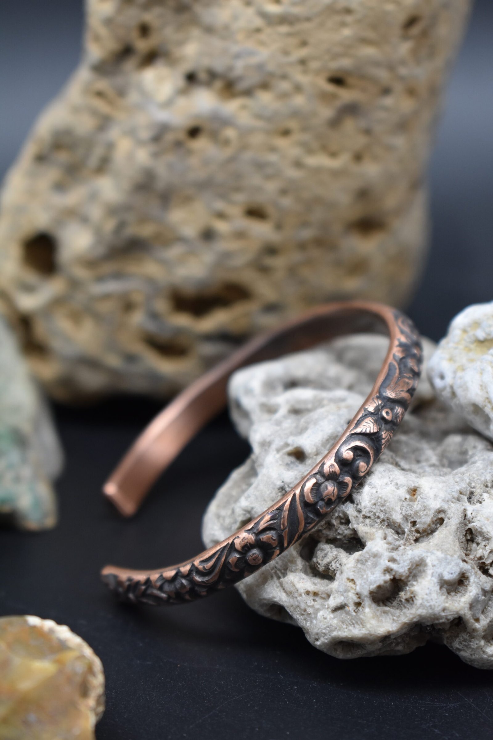 Handmade Copper Cuff Bracelet with a floral pattern and rustic patina finish