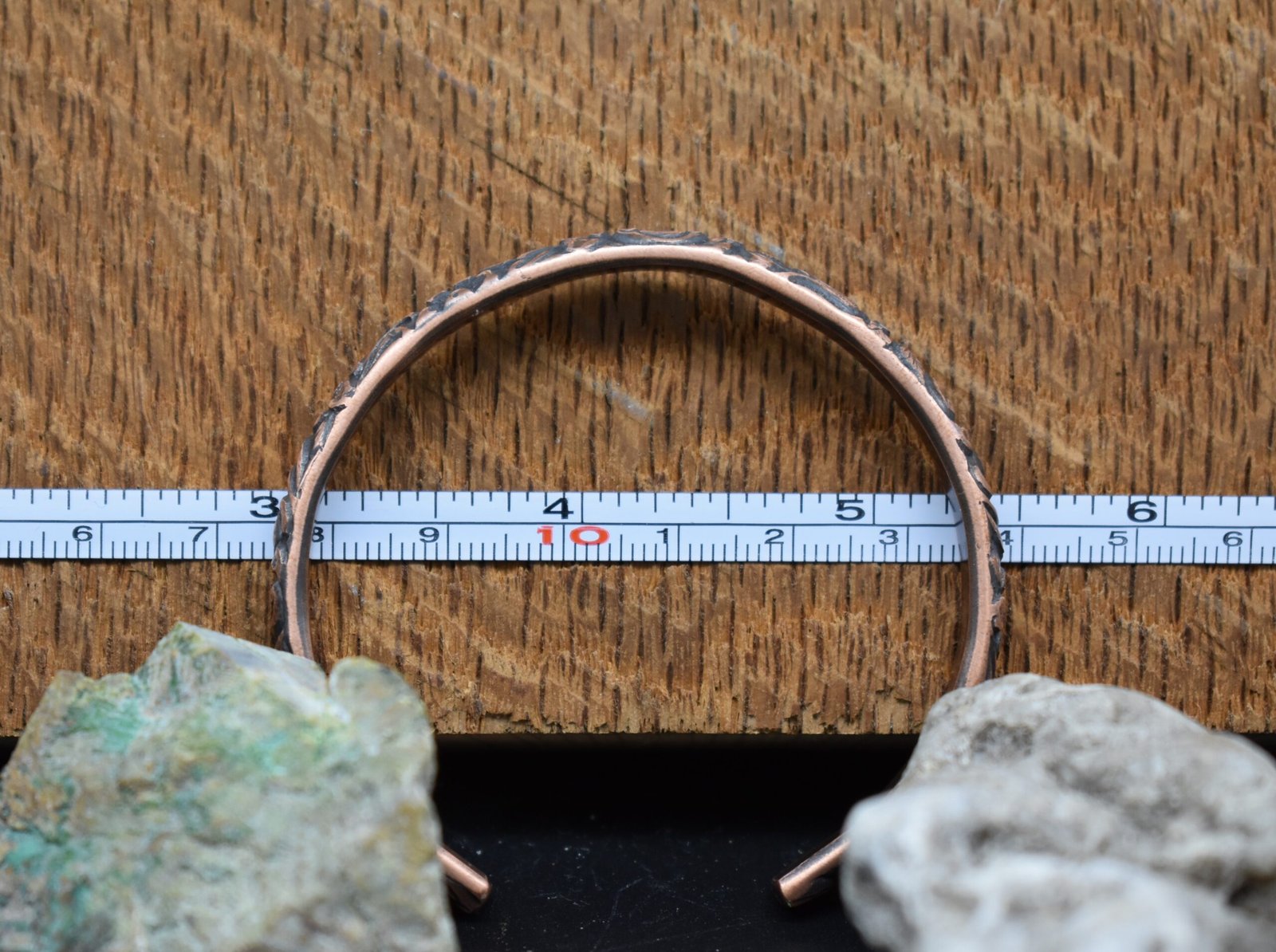 Handmade Copper Cuff Bracelet with a floral pattern and rustic patina finish